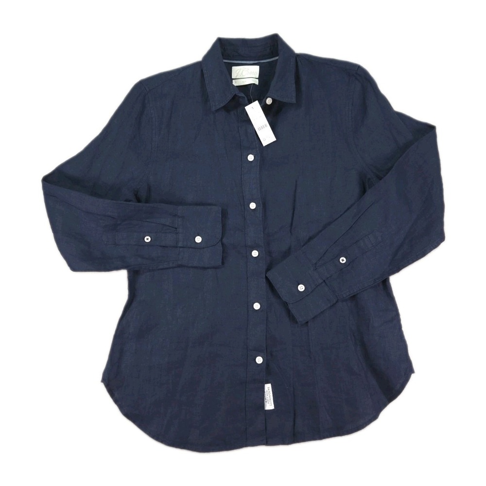 New J Crew Irish Linen Shirt Baird McNutt Womens 6 Slim Fit Navy Blue Button Up